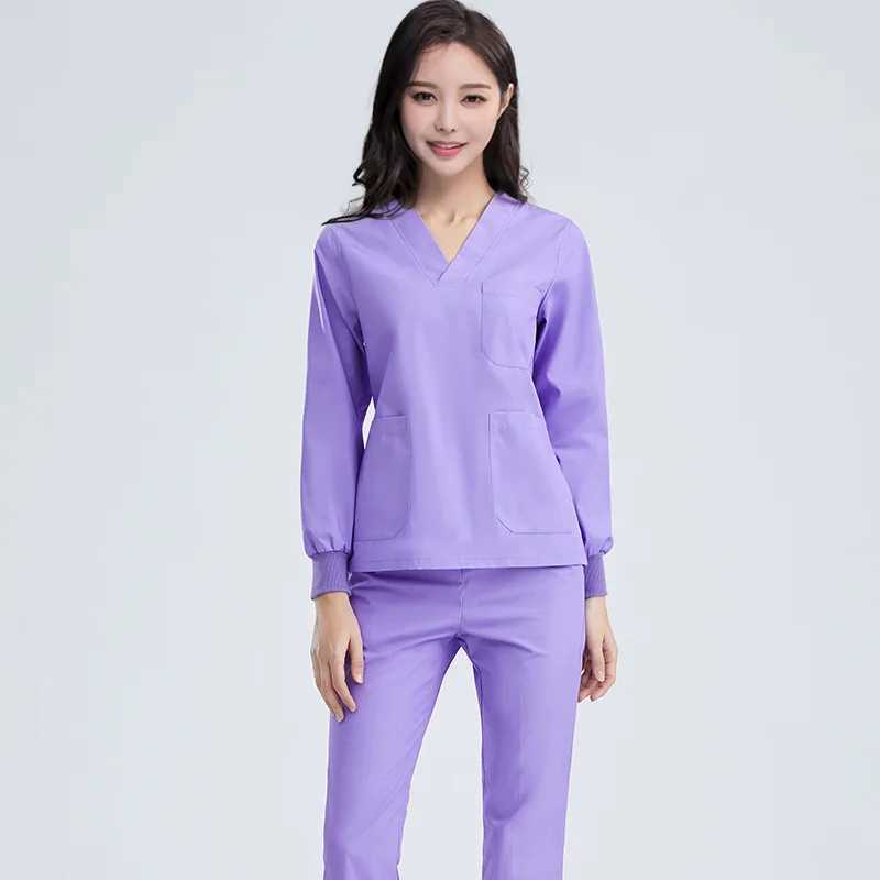 New Style Long Sleeves Scrub Set Nurse Workwear Scrubs Nursing Uniforms V Neck Women Men Solid Color Doctor Working Suit Cheap J251103
