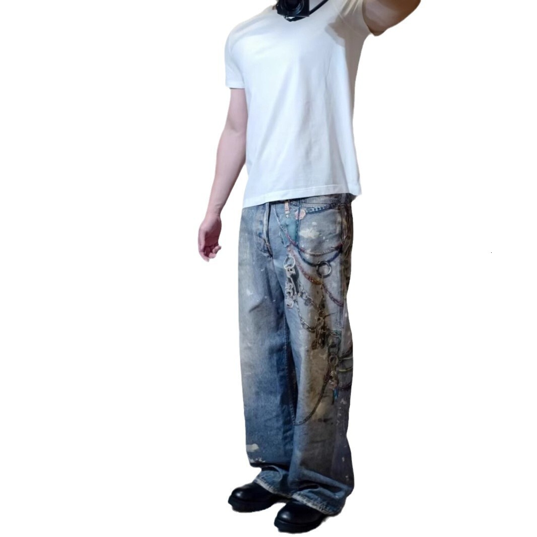 American washed vintage printed jeans men's spring and autumn straight leg loose high street Vibe style long pants