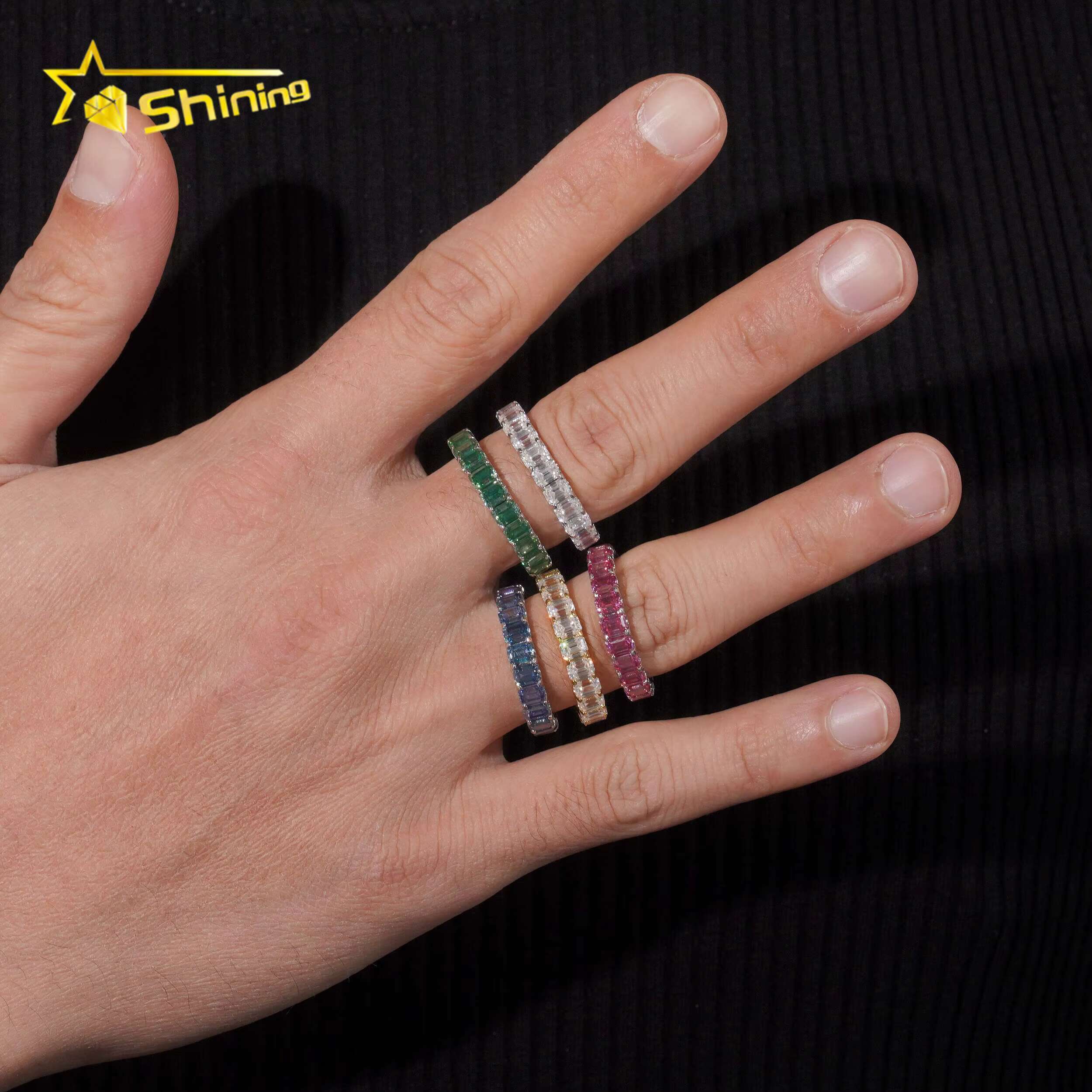 S925 Silver Emerald Cut VVS D Color Eternity Colored Moissanite Diamond Fine Jewelry Enterity Wedding Ring for Men Women