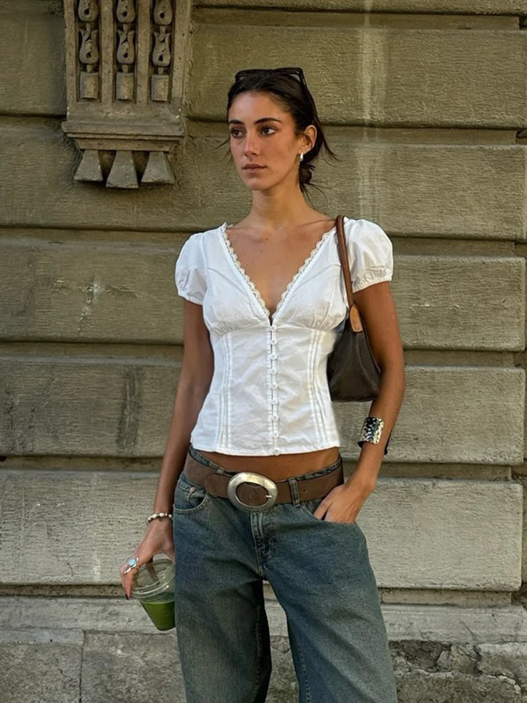 2025 sexy summer solid top fashion deep Vneck lace patch work short sleeved ultrathin womens shirt streetwear 250402m