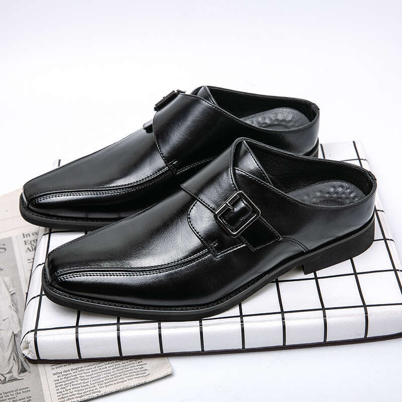 2024 Men's Large Size New Pointed Half Dragged Fashion Hairstylist Set Foot Leather Shoes Korean Edition