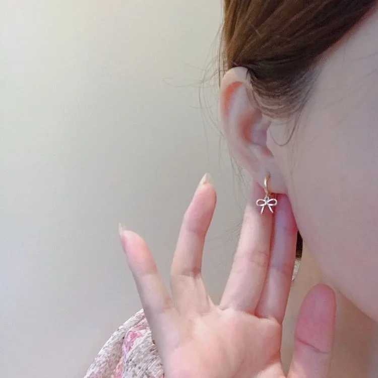 New 925 Sterling Silver Hoop Earrings Clip Golden Bowtie Ribbon Small Cute For Women Girl Gift Jewelry C251103
