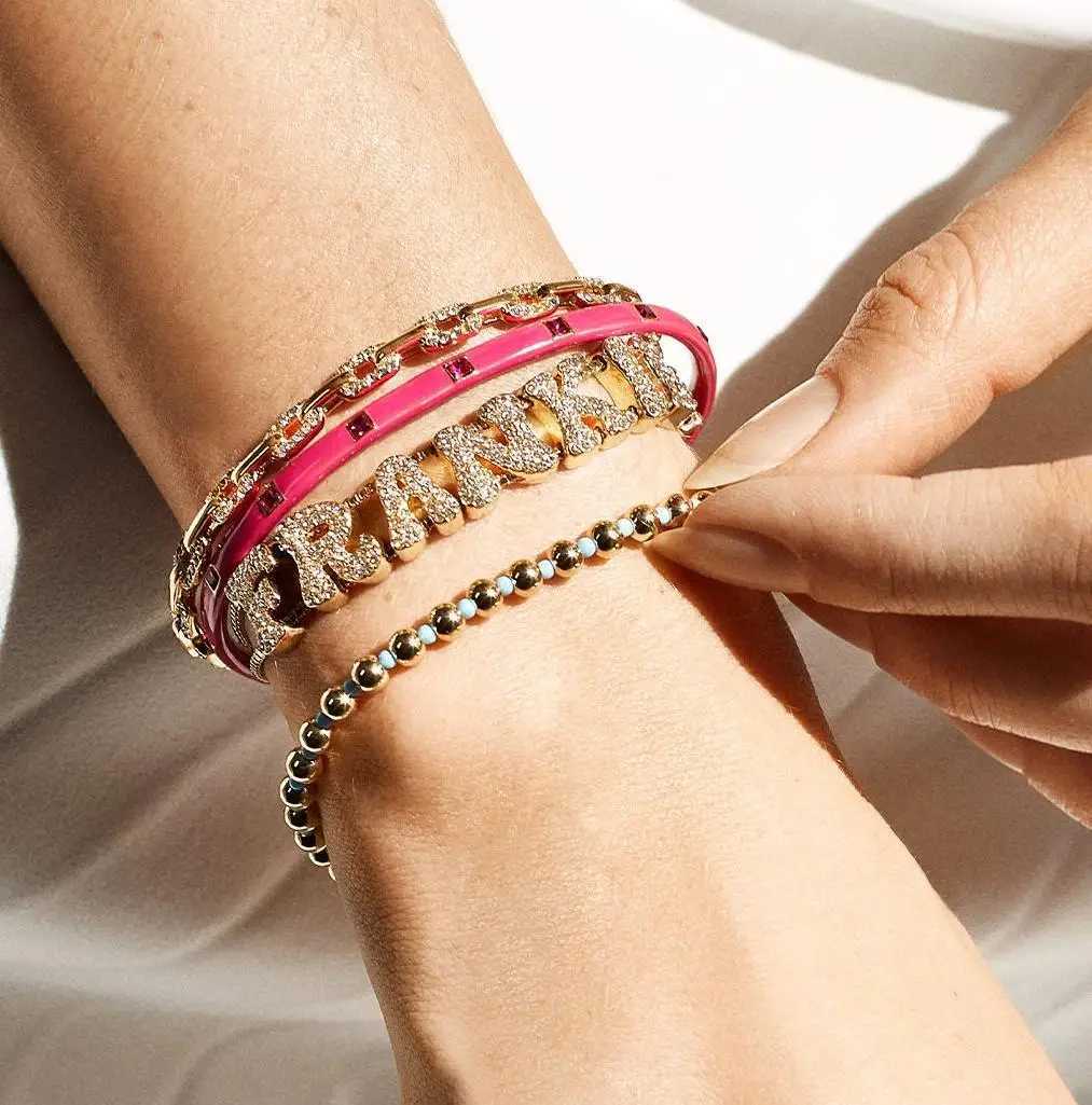 Doremi Fat Bubble Slide Initial Letter Bracelet Full Crystal Letter Womens Name DIY Slide Letter Bracelet Y250329