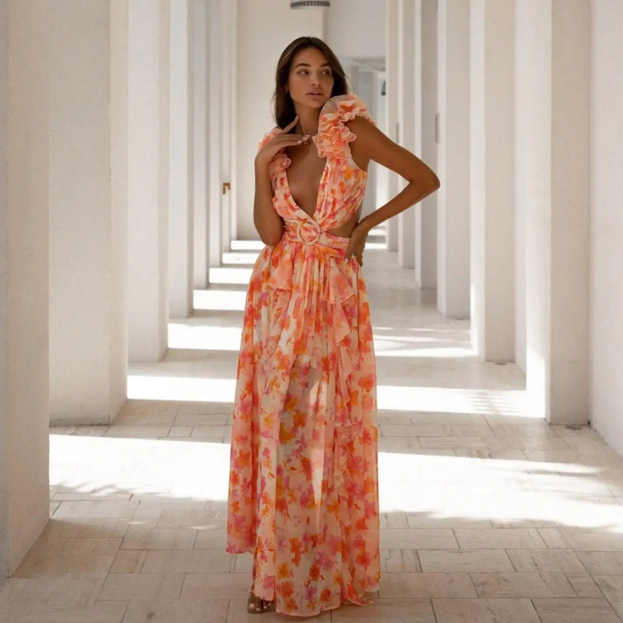 New womens clothing ins holiday long dress with hollowed out slim fitting deep V ruffle edge and floral open back dress