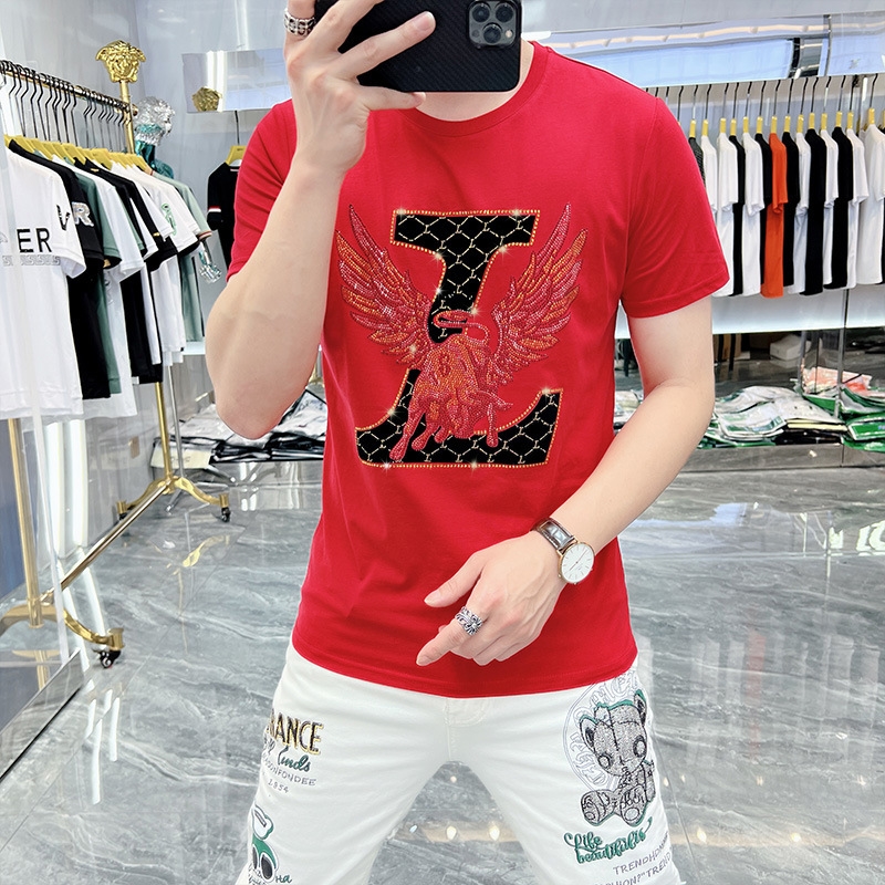 Summer new hot drill short sleeve men fashion trend round neck casual personality slim breathable comfortable T-shirt large size