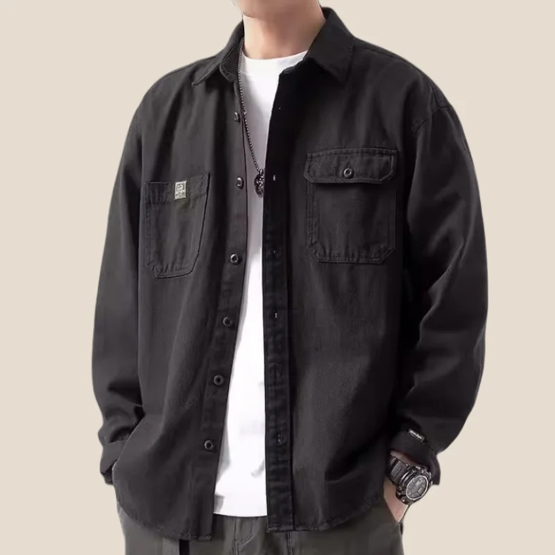 Mens Spring and Autumn Solid Color Button Pocket Shirt Long Sleeve Open Collar Casual Coat Fashion Collar Top 250402