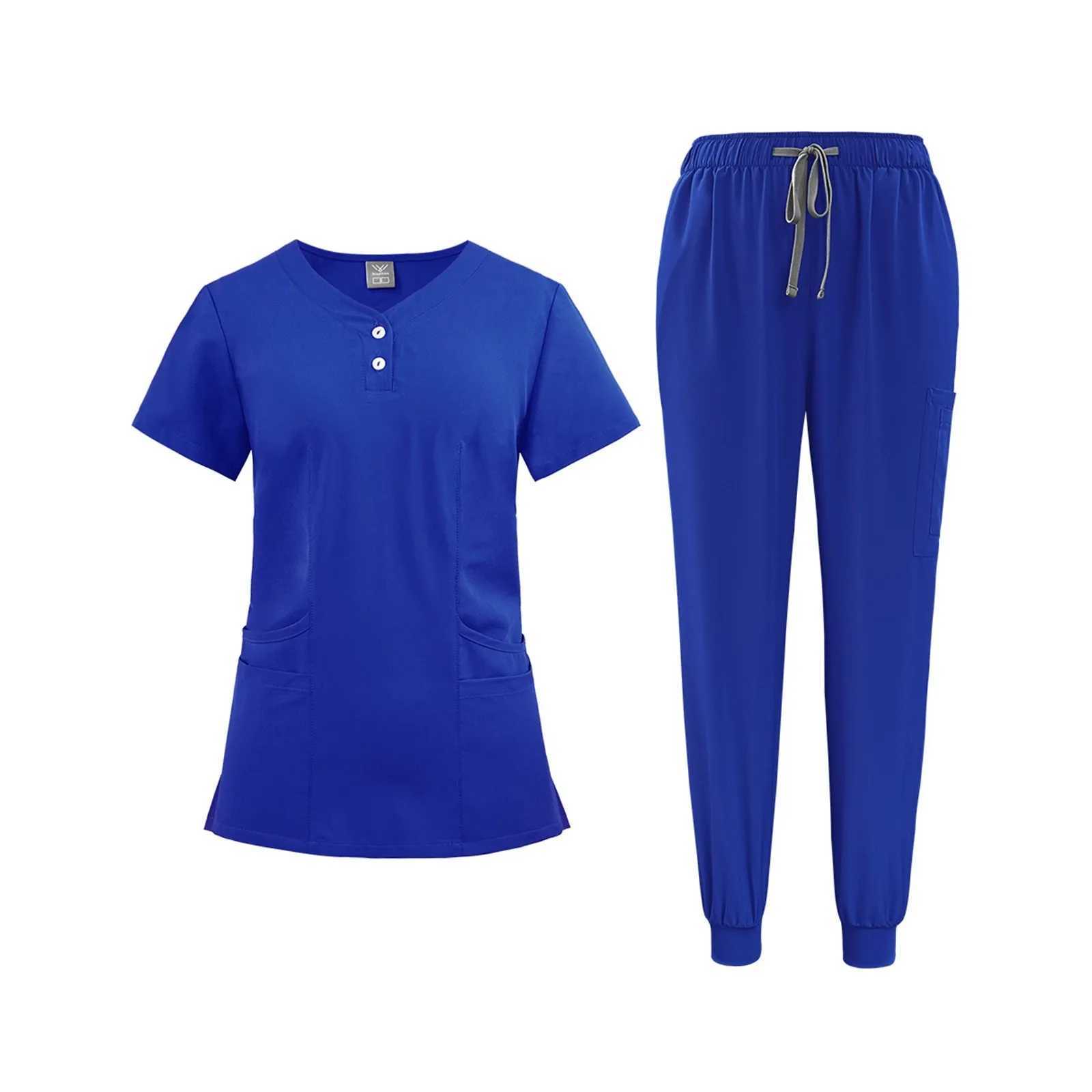 WomenS Nurse Uniform QuickDrying Fabric Solid Color VNeck Button Pocket ShortSleeved Trousers Suit Nursing Work Clothes J251103