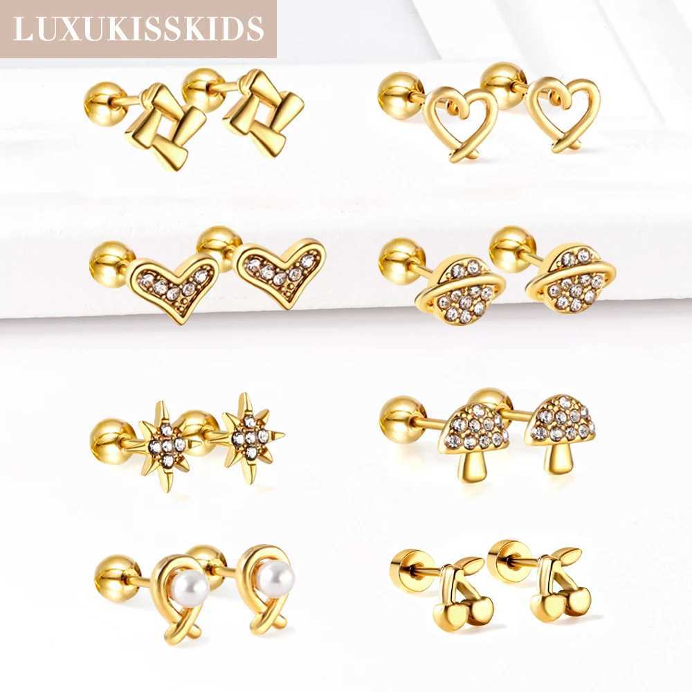 LUXUKISSKIDS Small Ear Jewelry Hexagram Star Stud Earring Surgical Steel Piercing For WomanGirl Cherry Heart Gold Plated C251103