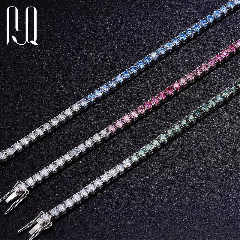 PYQ 3mm Gradient Pink Blue Green Moissanite Tennis Chain S925 Silver with 18K Gold Plated Moissanite Tennis Bracelet for Women