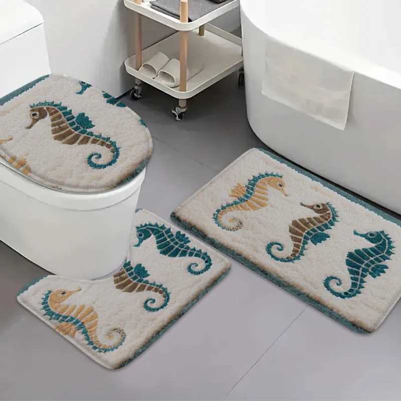 3pcs seahorse bathroom flannel carpet bathroom door mat bathtub anti slip mat U-shaped absorbent floor mat toilet lid mat C251103