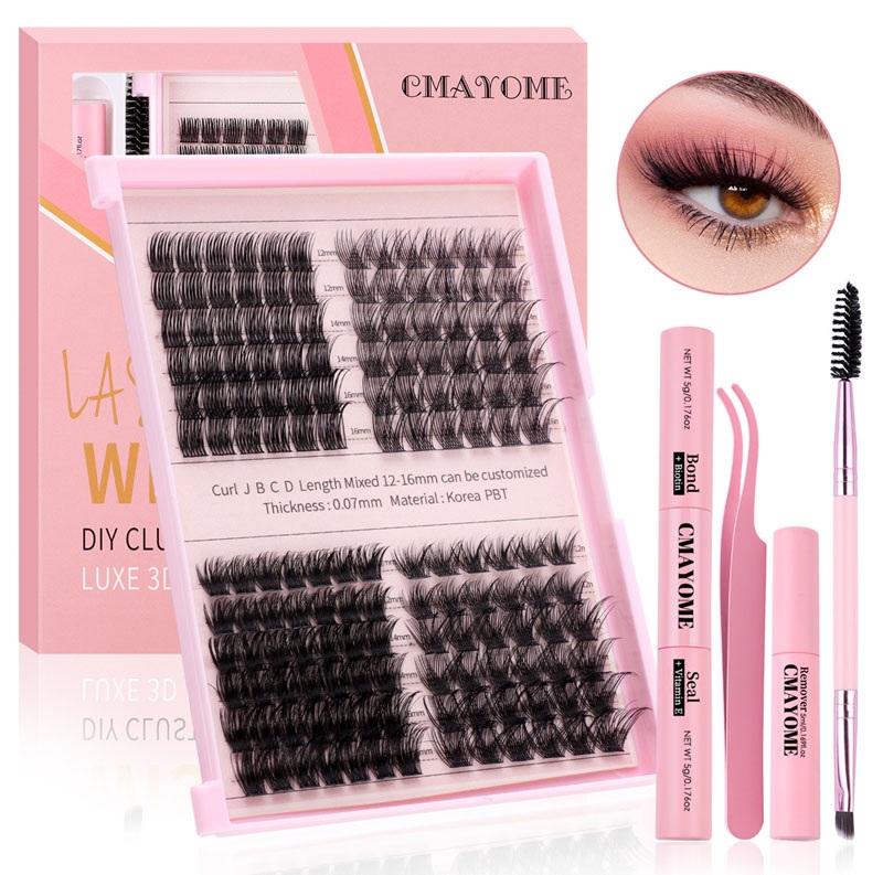 150Pcs DIY Lashes Kit Soft Lightweight Thick Fluffy Individual Eyelashes D Curled Handmade Reusable DIY Segmented Eyelash Extensions Accessory for Eye