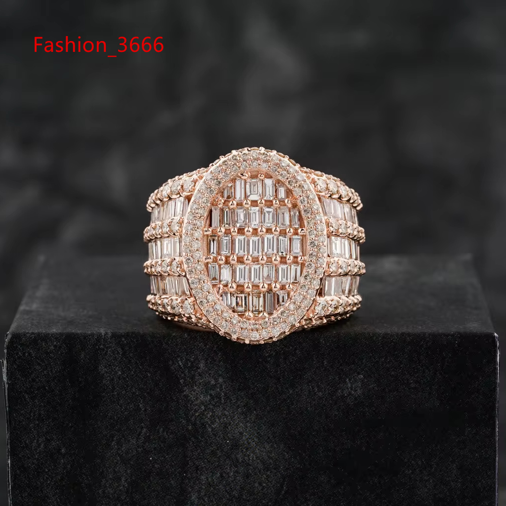 Sparkling Moissanite Hip Hop Ring in 14k Rose Gold for Men Featuring VVS Clarity Round and Baguette Cut Diamonds