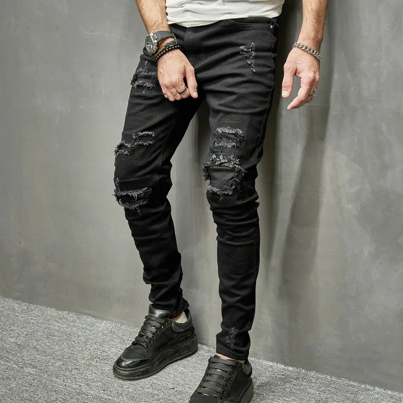 Men Holes Patch Skinny Stretch Pencil Jeans Pants High street Stylish HipHop Male Ripped Slim Denim Trousers 250402