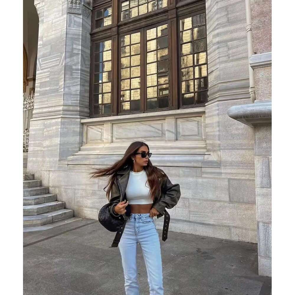 hoodie Women's Wear ZVRI 2024 Women Vintage Loose Pu Faux Leather Short Jacket With Belt Streetwear Female Zipper Retro Moto Biker Coat Outwear T