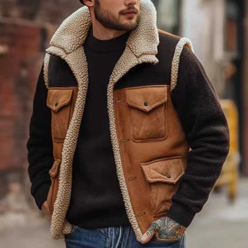 Retro Mens Cardigan Trendy Vest Jacket 2025 New Zipper Pocket Warm Jacket Vest Fashion Blocked Sleeveless Jacket Men Clothing X2504033