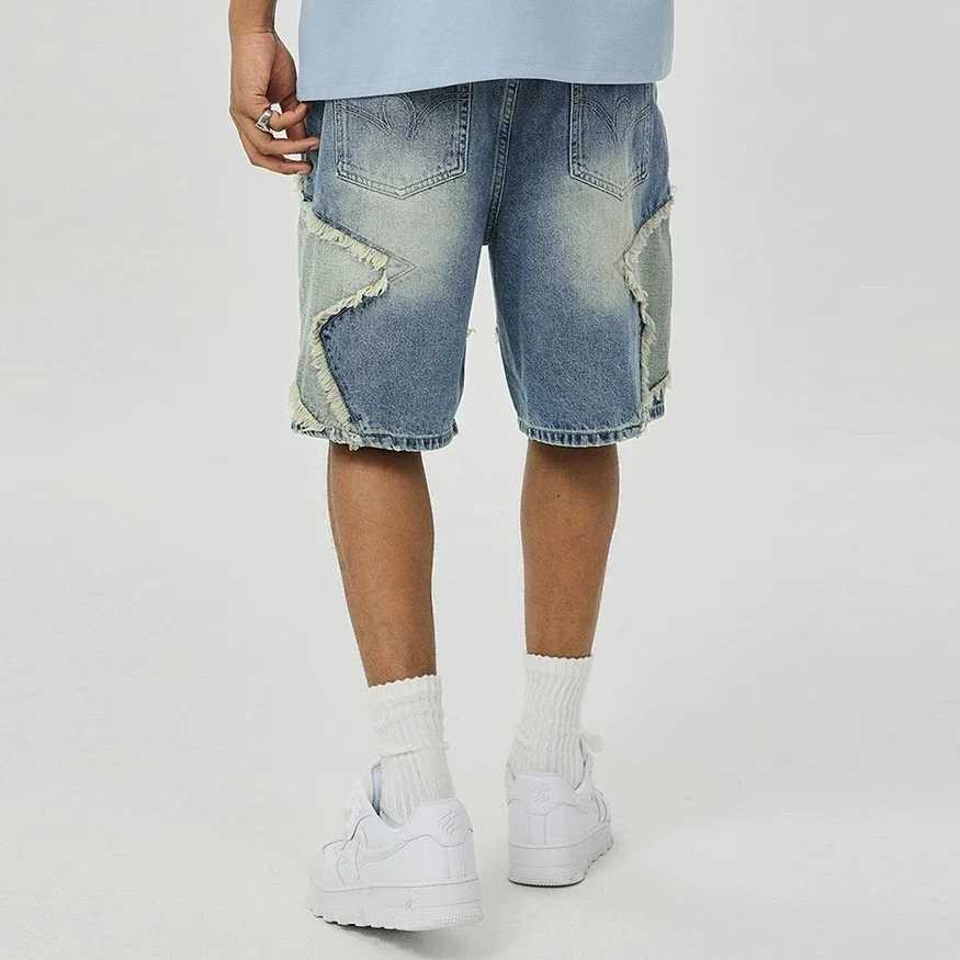 High Strt Washed Stars Patchwork Baggy Jeans Shorts for Men Wide Leg Straight Casual Denim Five Point Pants Oversized X2504031
