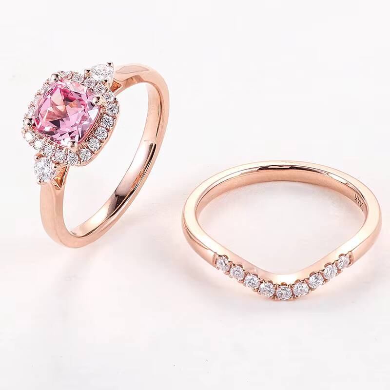 10K 14K 18K rose Gold Morganite Pink Lab Grown Sapphire Wedding Ring Set Cushion Cut Moissanite HaloEngagement Ring