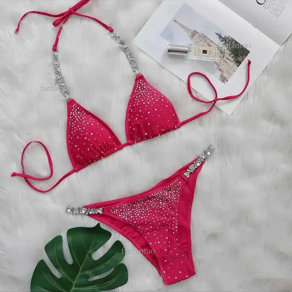 Women's Swimwear Push Up Bikini Female Bandeau Swimsuit 2022 Luxury Rhinestone Bikini Women Diamonds Pink Swimwear Brazilian Bathing Suit J241227