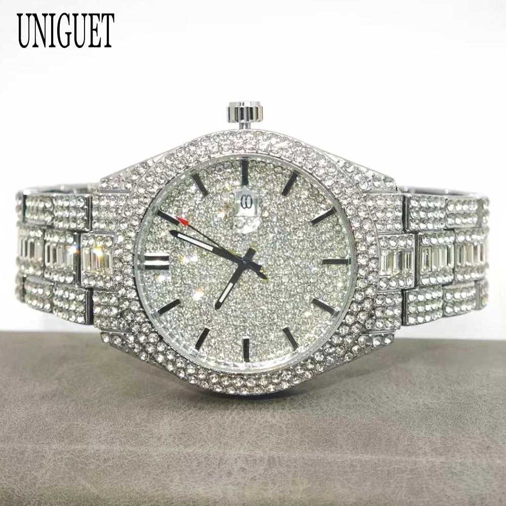 Top Fashion Brand UNIGUET Mens Quartz Watch With Calendar Waterproof Wristwatches Luxury Design Hip Hop Diamond Watches Man GiftW251104