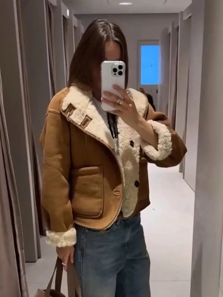 HH Winter Womens Reversible Faux Lamb Wool Jacket Vintage Long Sleeve Double Sided Thick Warm Coats Female Streetwear 251106