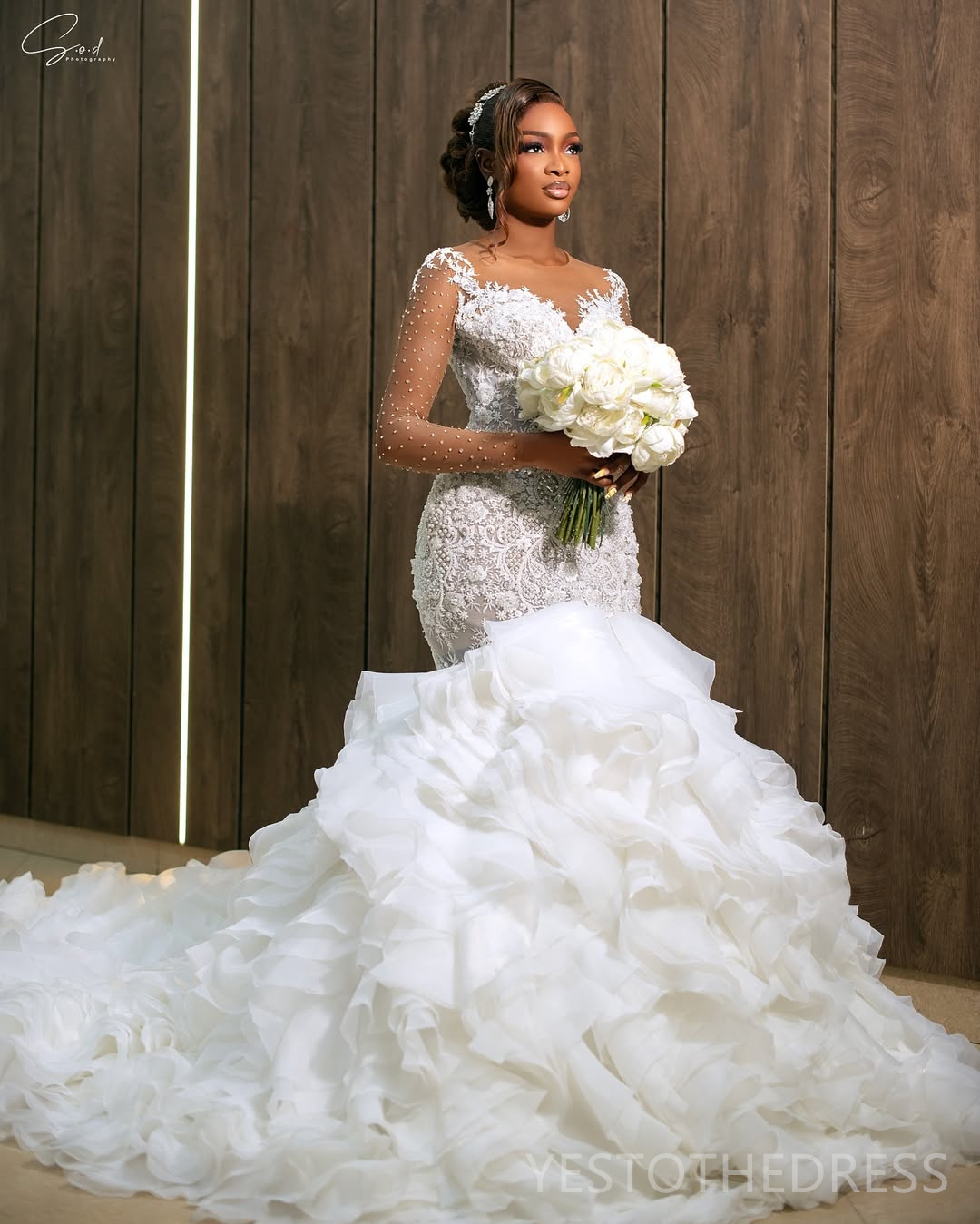 2025 Plus Size Mermaid Wedding Dress For Bride Long Sleeves Tiered Sheer Neck Illusion Long Sleeves Beaded Lace Tiered Tulle Wedding Gowns For Black W