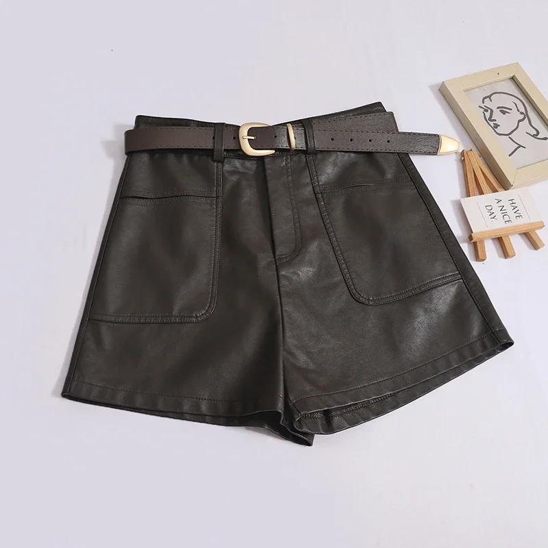 Womens PU leather autumn shorts with belt fashionable high waisted firstline office casual loose womens straight pants 250402m