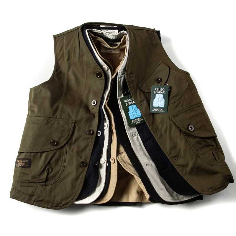 Japanese retro multi pocket workwear vest mens streetwear loose top casual camisole vintage couple jacket coats X250403