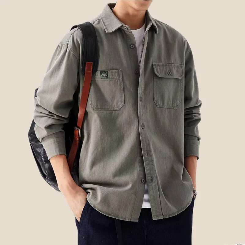 Mens Spring and Autumn Solid Color Button Pocket Shirt Long Sleeve Open Collar Casual Coat Fashion Collar Top 250402