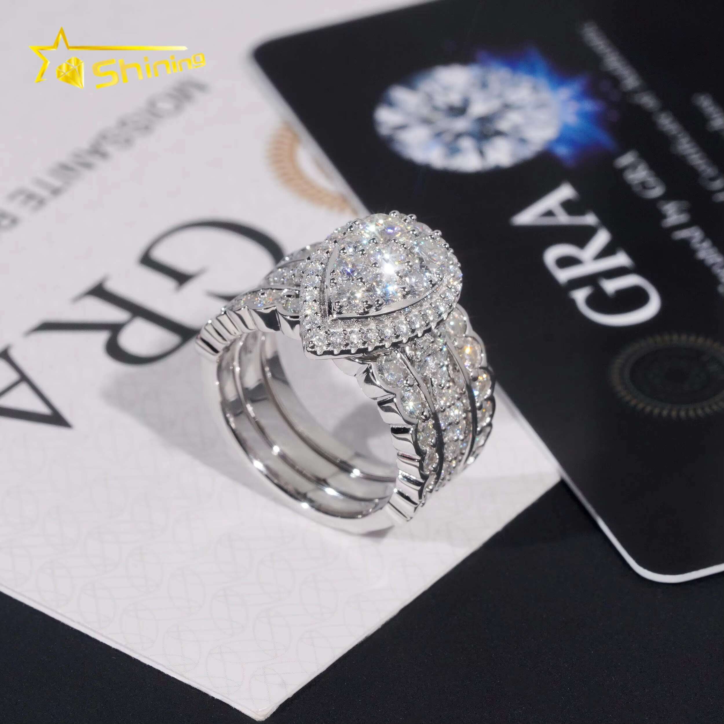 Trendy 925 Silver Rhodium Plated Custom Full VVS Moissanite Diamond Wedding Engagement Rings Set for Women