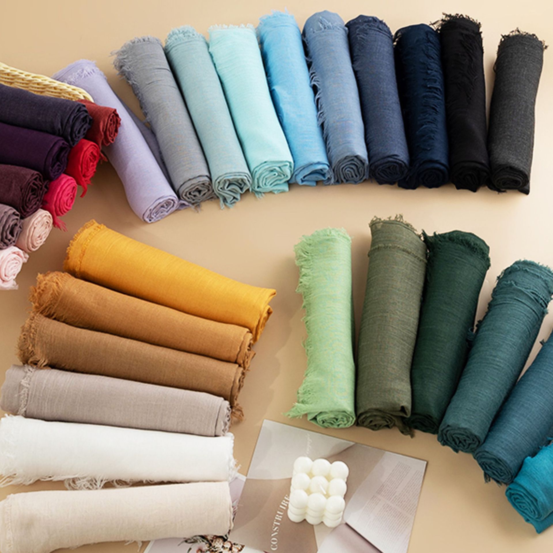 K297 Cross-border solid color cotton and linen scarf for women autumn and winter thin long gauze scarf versatile sunscreen commuting simple fur-edged 