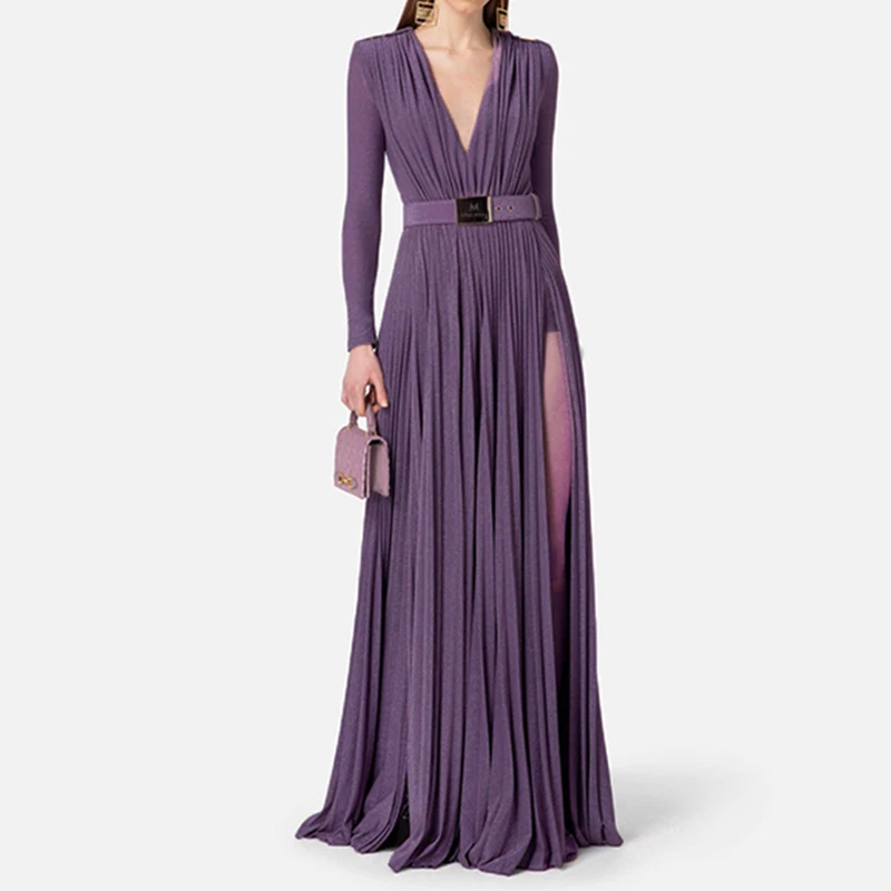 Women High Waist Slim Solid Long Dress 2024 Elegant Long Sleeve Party Dress Sexy Deep V-neck Draped Solid Evening Dress