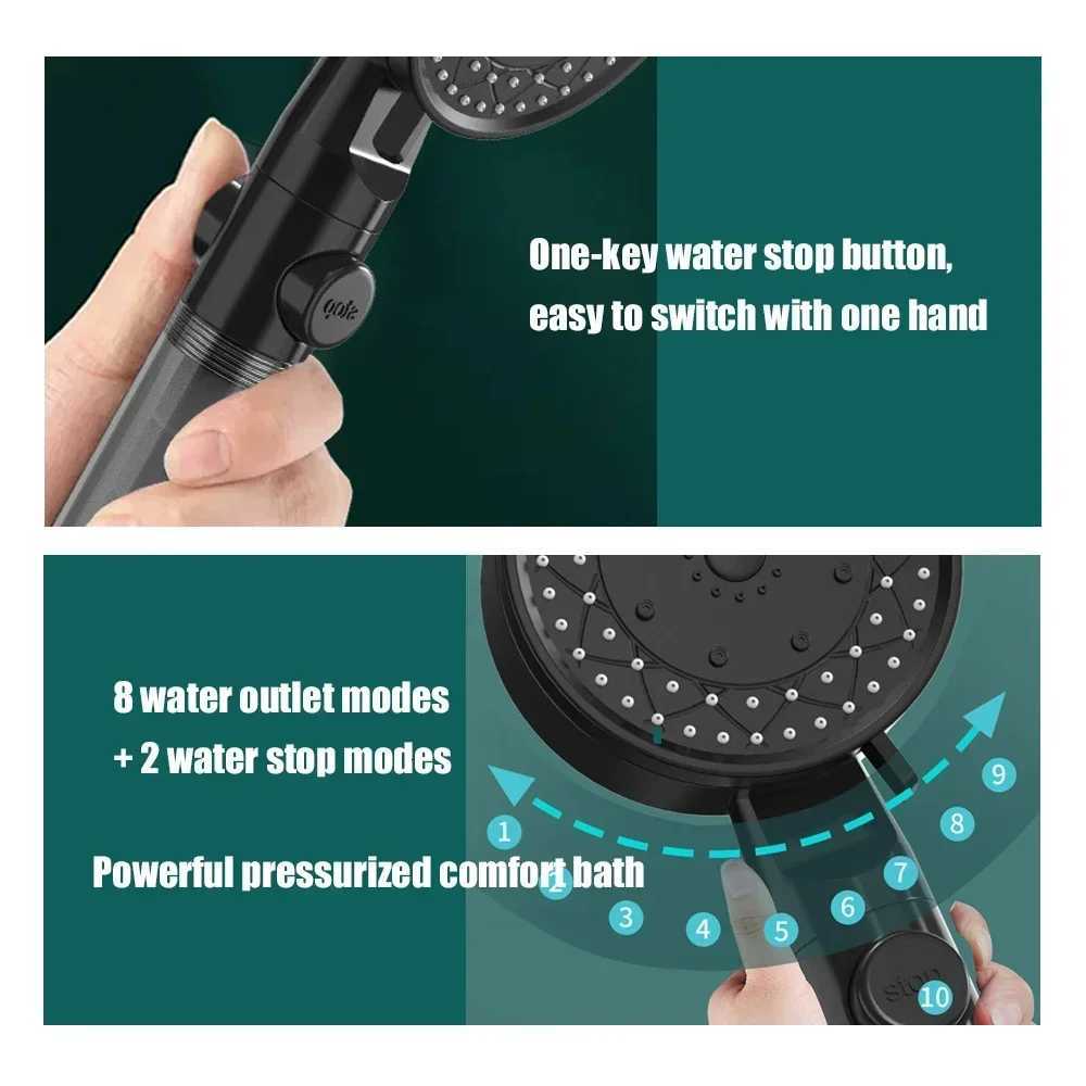 10 Spray One Touch Stop Filtered Shower HighPressure Handheld Water Saving Shower Fall Resistance Bath Shower Nozzle Y251103