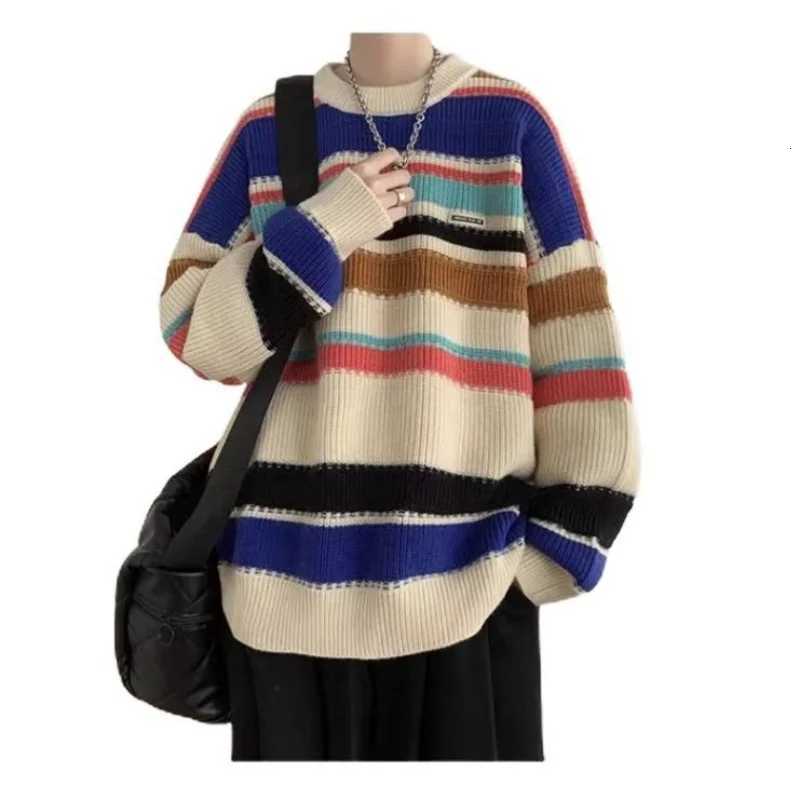 Mens autumn and winter knitted sweater jacket new style for teenagers couples sweater for boys lazy and loose stripedT251103