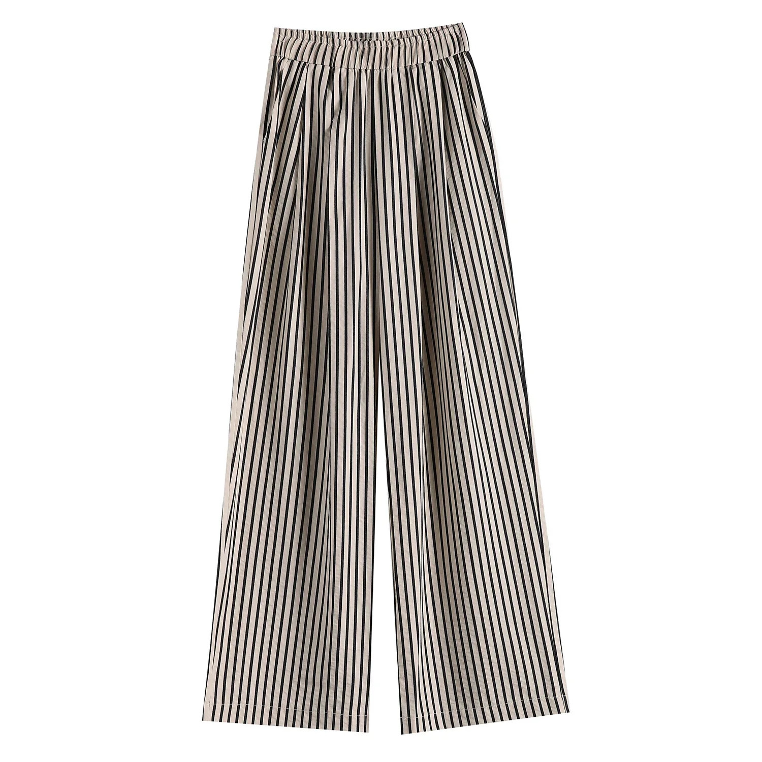 Classic Cotton and Linen Striped Womens Casual Pants Wide Leg High Waist Solid Pockets Minimalism Loose Trousers Female 250403