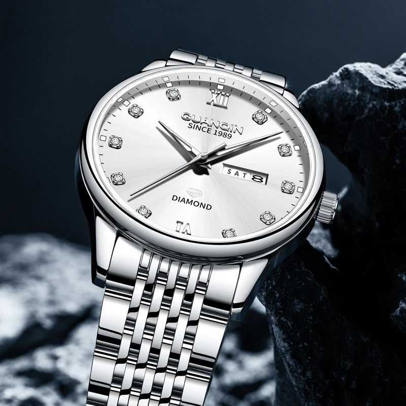 GUANQIN Luxury Men Quartz Watch Stainless Steel Alloy Case Dual-Language Date Business Leisure 30M Waterproof Luminous WatchesW251104