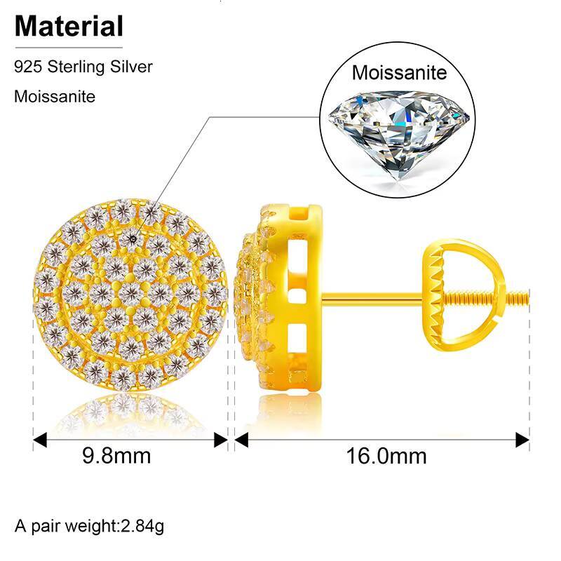 Stock Drop Shipping Men Iced Out Hip Hop Sterling Silver 925 Screw Back Moissanite Diamond Classic Stud Earrings
