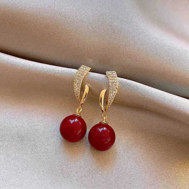 New Arrival Light Luxury Elegant Red Bead Zircon Irregular Geometric Dangle Earrings For Women Fashion Sweet Crystal Jewelry Y250401