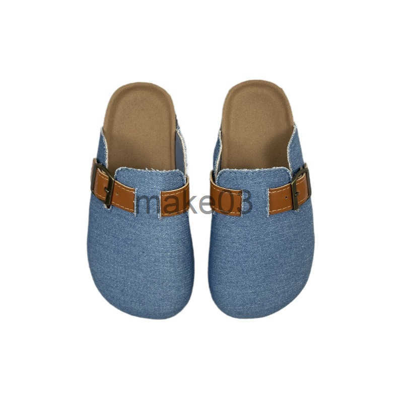 Girls half slippers for wearing outside Haken shoes denim belt buckle spring and summer new style soft soled childrens toe cap mop J250403