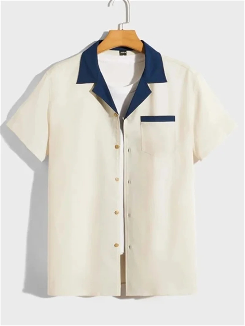 Loose fitting mens contrasting lapel shirt loose short sleeved button up colorful navy blue collar work retro printed 250403e