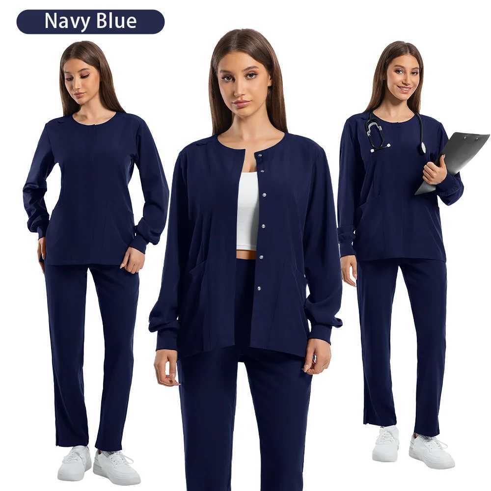 Nurse Uniforms Round Neck Top Scrub Jacket Straight Pants Sets Surgical Workwear Hospital Long Sleeve Snap Front Medical Outfit J251103