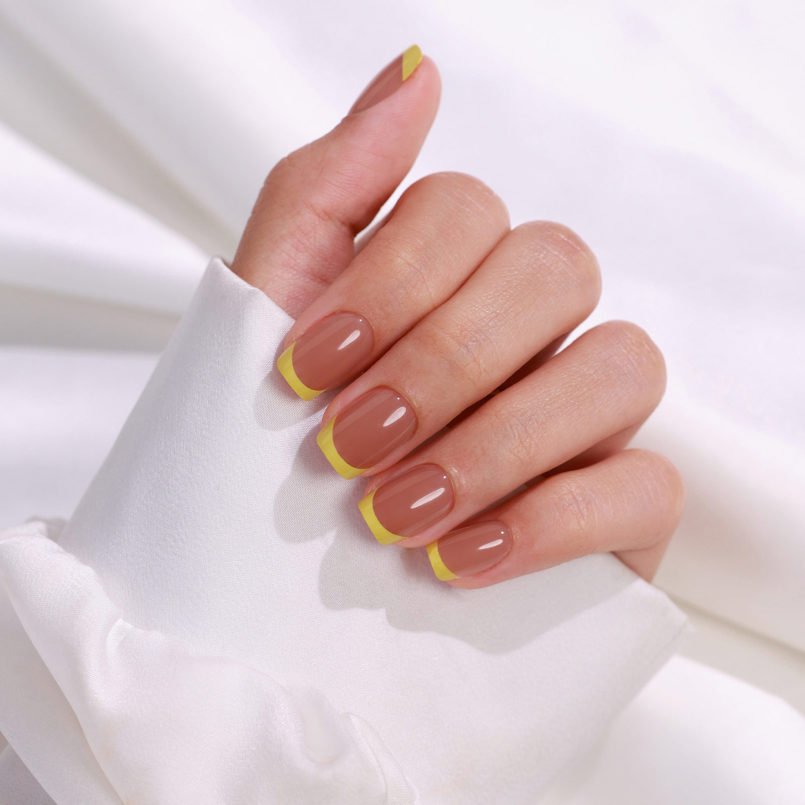 French Gel Pressed Nails Kit: Womens Daily Wear Coffe Yellow Squares Variety Pack Includes 16 Different Sizing Options