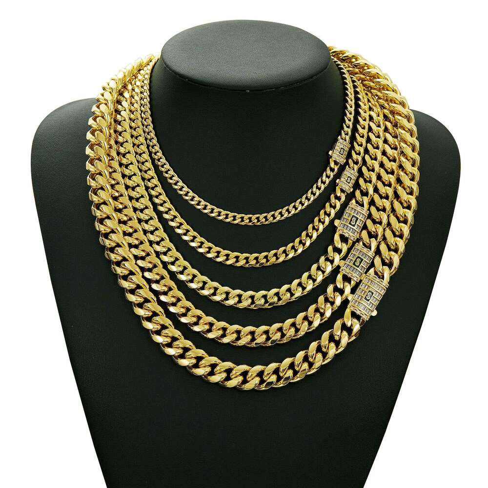 18K Gold Miami Cuban Link Chain Necklace Men Hip Hop Stainless Steel Jewelry Necklaces Fzxjrdz