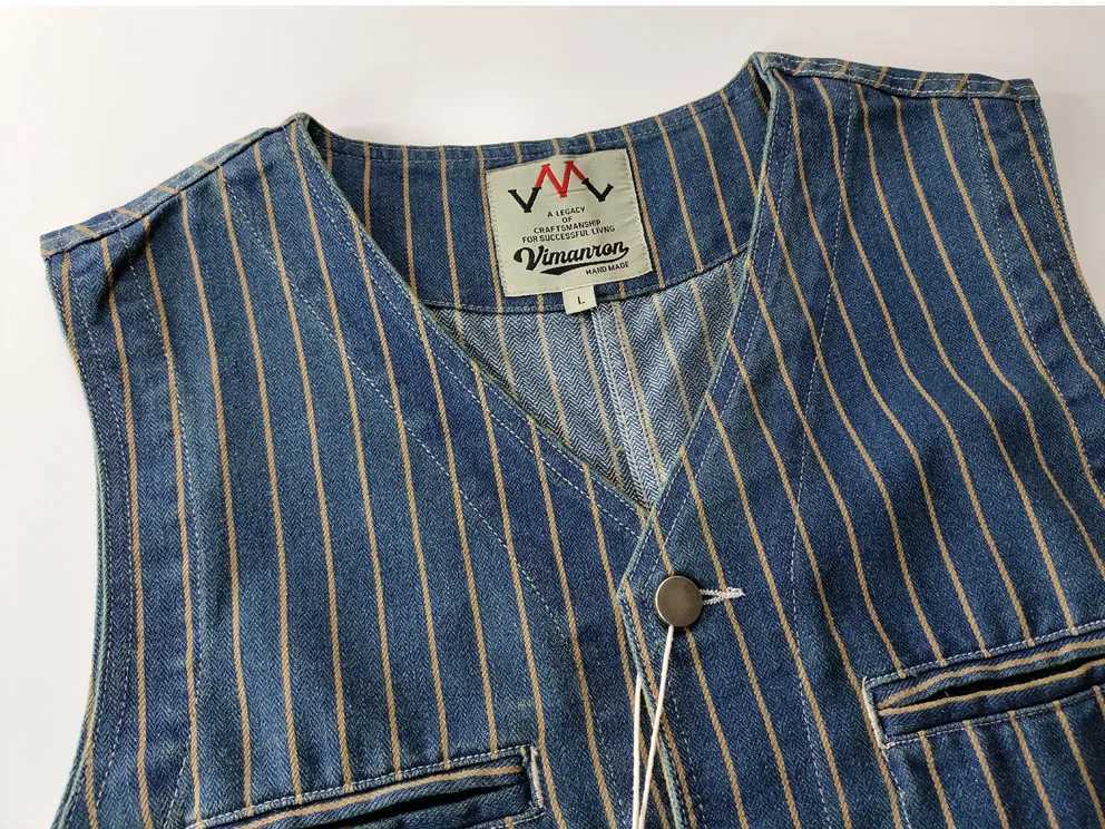 Spring New Japanese Retro Denim Striped Cargo Vest Mens Fashion Pure Cotton Washed Sleeveless V-neck Multi-pocket Casual Coat X250403