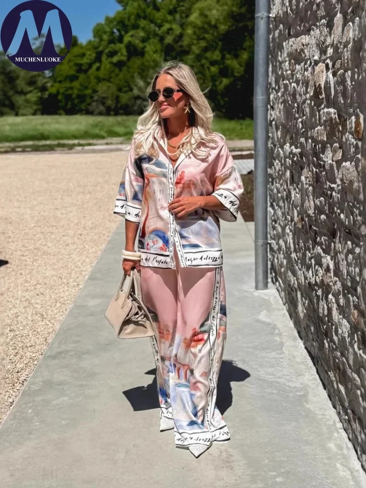 2 Pieces Set for Woman Summer Elegant Printed Half Sleeves Shirt Tops Suits Fashionable Casual Loose Wide Leg Pants Sets 251103