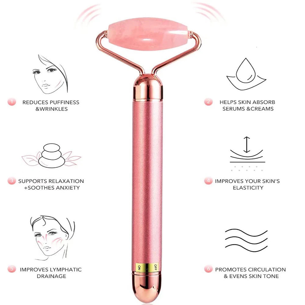5in1 24K Gold Beauty Wand Face Massager Electric Vibrating Rose Quartz 3D Roller Face Body Facial Gua Sha Jade Roller 251030