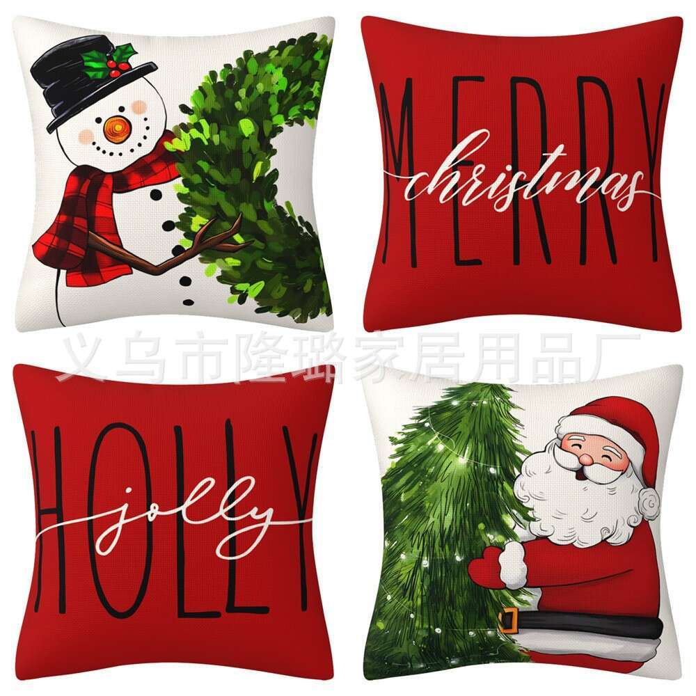 New Christmas Throw Pillow Cushion Home Decor Short Plush Linen Printed Pillowcase A set of four pieces