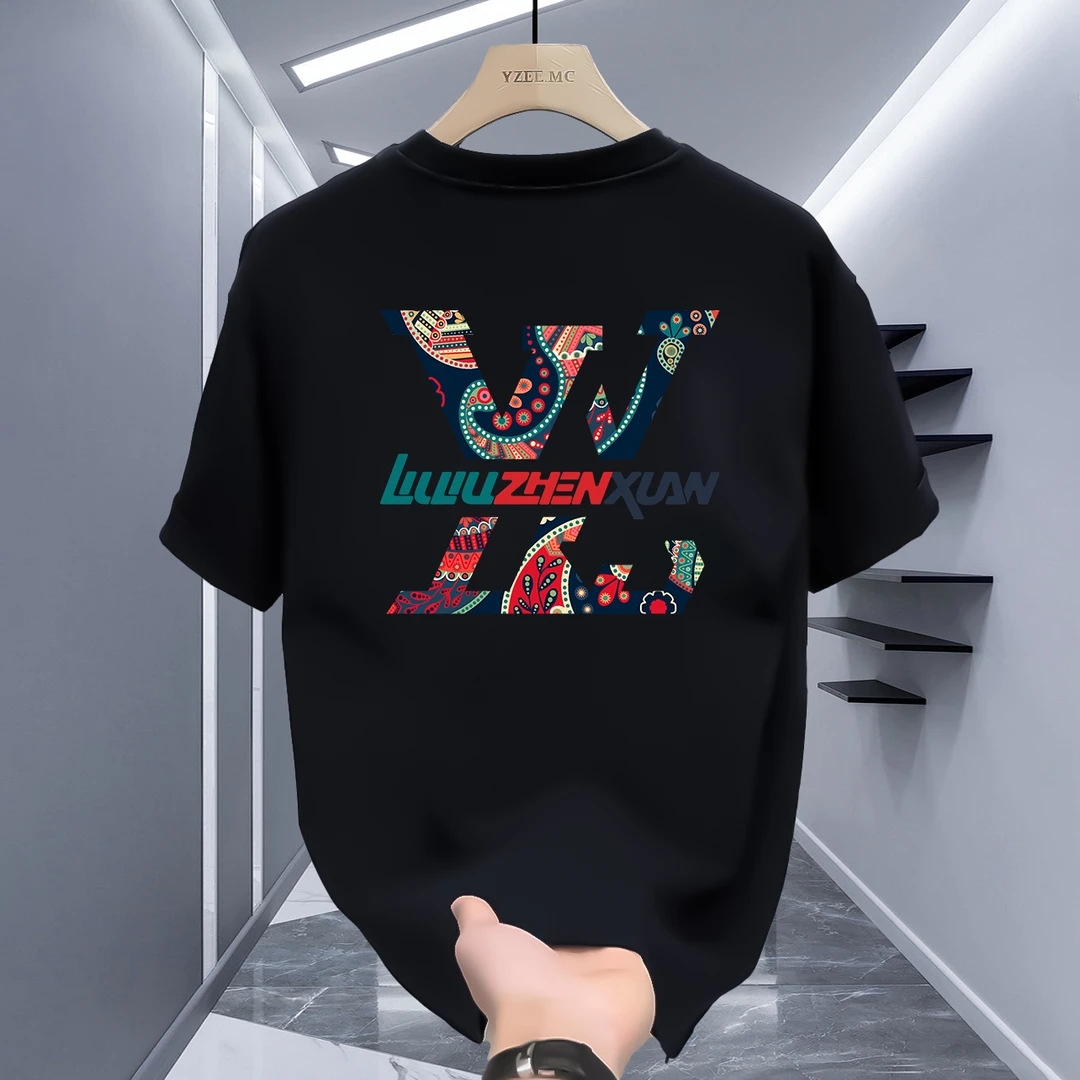 Summer new men's printed T-shirt Casual fashion short sleeve pure cotton trend round neck T-shirt men plus size black white