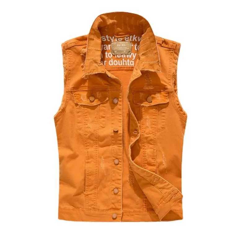 New Summer Men Light Blue Denim Vests Jackets Fashion Male Denim Waistcoats Vests Man Cotton Streetwear Holes Jeans Vests 5XL X250403