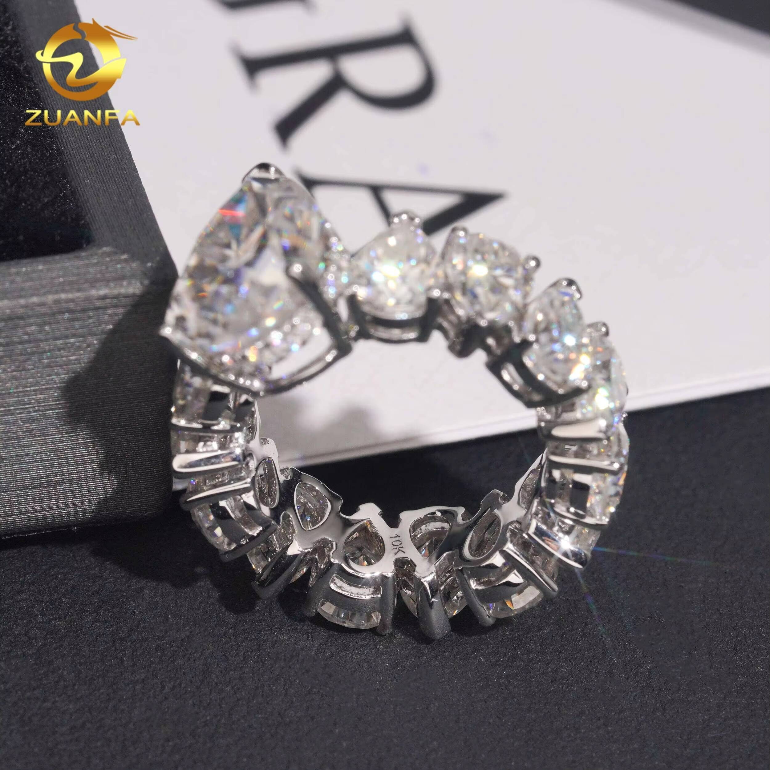 Top Quality GRA Certificated 10k Real Gold Full Eternity Hip Hop Pear Cut VVS Moissanite Ring