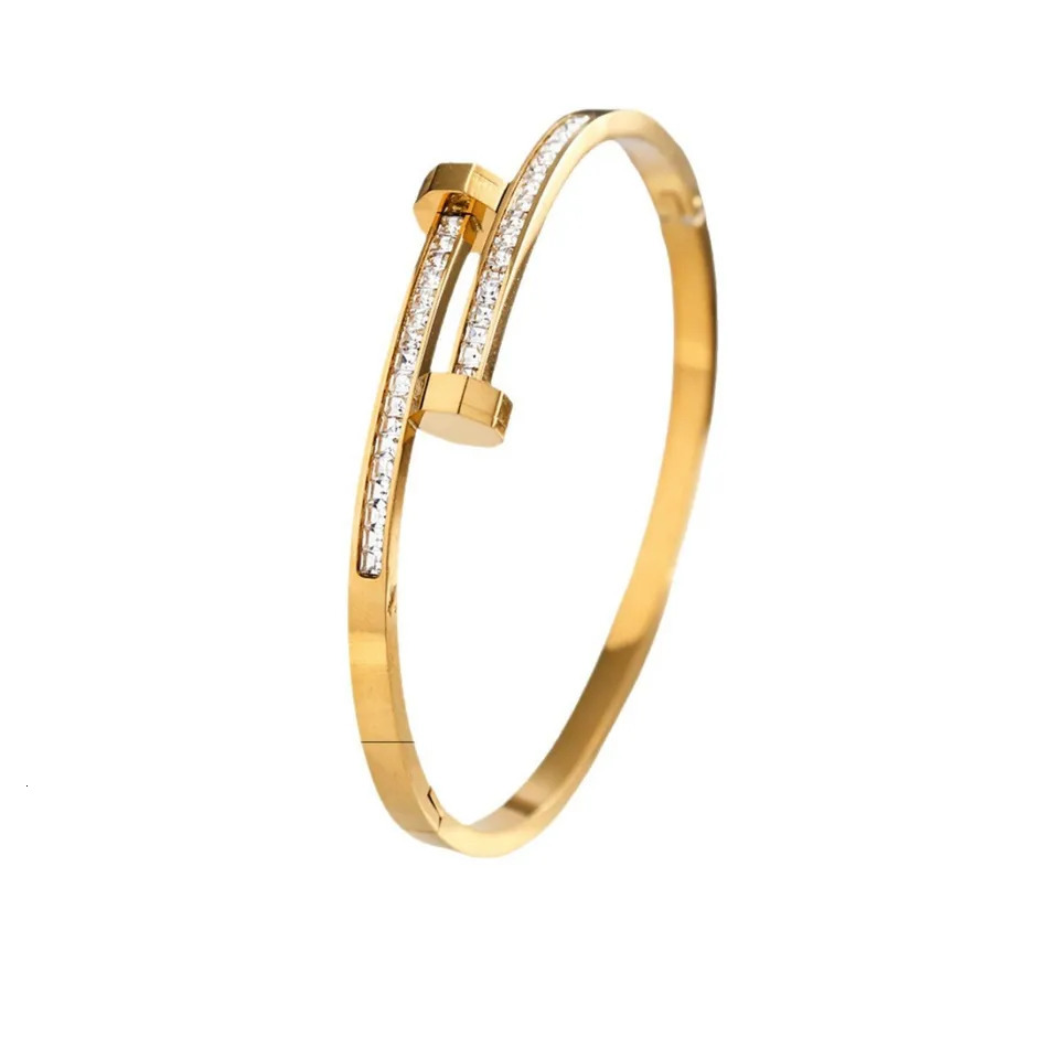 y 18K Gold Plated Stainless Steel Nail Bracelet for Women with Cubic Zirconia Bangle Fashion Daily Wear Jewelry 251031